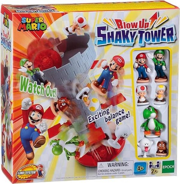 Epoch Games Super Mario Blow Up! Shaky Tower Balancing Game - Tabletop Skill and Action Game with Collectible Figures