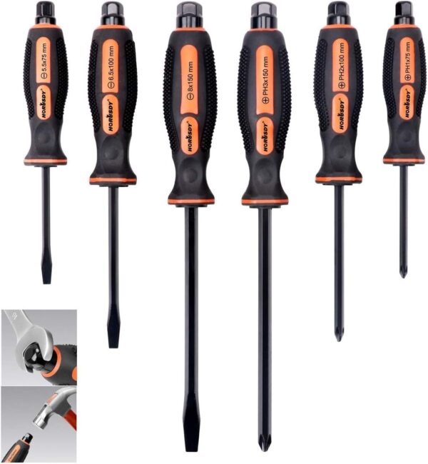 HORUSDY 6-Pieces Magnetic Screwdriver Set, 3 Phillips and 3 Flat Head Tips Screwdriver for Fastening, Chiselling and Loosening Seized Screws (New Screwdriver Set)