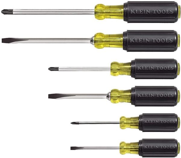 Klein Tools 85074 Screwdriver Set 6-Piece Includes 3 All-Purpose Flathead, 3 Phillips, Cushion Grip Comfort, Precision Machined Screwdrivers