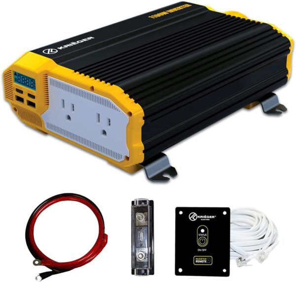 Krieger 1100 Watt 12V Power Inverter Dual 110V AC Outlets, Installation Kit Included, Automotive Back Up Power Supply For Blenders, Vacuums, Power Tools - ETL Approved Under UL...