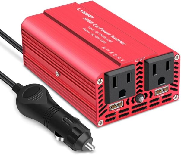 LVYUAN 500W Power Inverter DC 12V to 110V AC Car Inverter Converter with 3.1A Dual USB Car Adapter Red