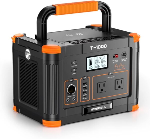 Portable Power Station 1000W, GRECELL 999Wh Solar Powered Generator with 110V AC Outlet, PD 60W Fast Charging Backup Lithium Battery Pack Power Supply for Outdoor Home Camping...