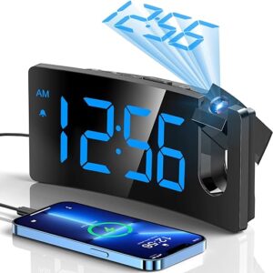 GOLOZA Projection Alarm Clock, Digital Clock with Modern Curved Design 180° Rotatable Projector, 3-Level Brightness Dimmer, Clear Blue LED Display, Progressive Volume, 9mins...