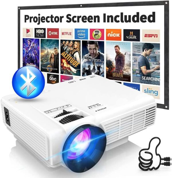 Updated Mini Projector with Bluetooth and Projector Screen, Full HD 1080P Portable Video Projector, Home Theater Movie Projector Compatible with HDMI,USB,AV,Laptop,Smartphone