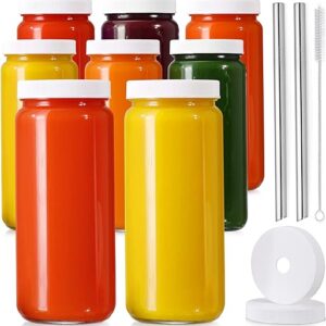 [ 8 Pack ] Glass Juicing Bottles with 2 Straws & 2 Lids w Hole- 16 OZ Travel Drinking Jars, Water Cups with White Airtight Lids, Reusable Tall Mason Jar for Juice, Bubble Tea,...