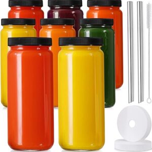 [ 8 Pack ] Glass Juicing Bottles with 2 Straws & 2 Lids w Hole- 16 OZ Travel Drinking Jars, Water Cups with Black Airtight Lids, Reusable Tall Mason Jar for Juice, Bubble Tea,...