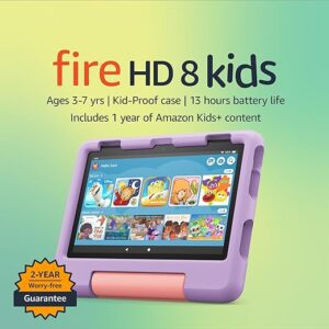 Amazon Fire HD 8 Kids tablet, ages 3-7. Top-selling 8" kids tablet on Amazon - 2022 | ad-free content with parental controls included, 13-hr battery, 64 GB, Purple