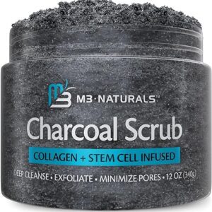 Charcoal Scrub Face Foot & Body Exfoliator Infused with Collagen and Stem Cell Natural Exfoliating Salt Body Scrub for Toning Skin Cellulite Skin Care Body by M3 Naturals