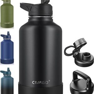 CIVAGO 64 oz Insulated Water Bottle With Straw, Half Gallon Stainless Steel Sports Water Flask Jug with 3 Lids (Straw, Spout and Handle Lid), Large Metal Thermal Cup Mug,...