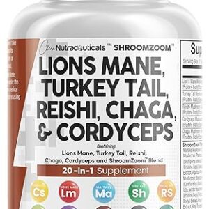 Clean Nutraceuticals Lions Mane 3000mg 20in1 Mushroom Supplement with Turkey Tail 2000mg Reishi 1000mg Cordyceps Chaga 1000mg Maitake Meshima Poria Cocos Shiitake Oyster Porcini...