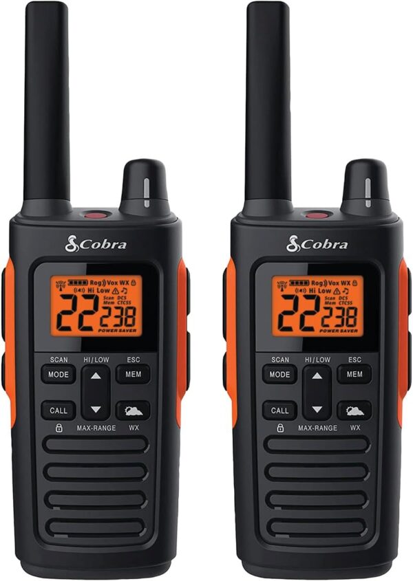 Cobra RX680 Waterproof Walkie Talkies for Adults - Rechargeable, 60 Preset Channels, Long Range 38-Mile Two-Way Radio Set (2-Pack),Black and Orange