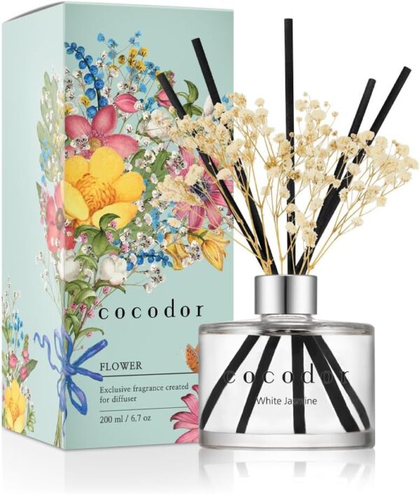 Cocod'or COCODOR Preserved Flower Reed Diffuser/White Jasmine/6.7oz(200ml)/1 Pack/Home & Office Decor Aromatherapy Diffuser Oil Gift Set