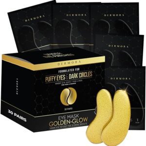 DERMORA Golden Glow Under Eye Patches (30 Pairs Eye Gels) - Rejuvenating Treatment for Dark Circles, Puffy Eyes, Refreshing, Revitalizing, Travel, Wrinkles