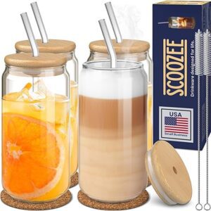 Glass Cups with Lids, Straws & Coasters (18oz, Set of 4), Iced Coffee Cup, Ice Tea Glasses | Aesthetic Coffee Bar Accessories Home Essentials New Apartment Housewarming Gift