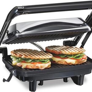 Hamilton Beach Panini Press Sandwich Maker & Electric Indoor Grill with Locking Lid, Opens 180 Degrees for any Thickness for Quesadillas, Burgers & More, Nonstick 8" x 10"...