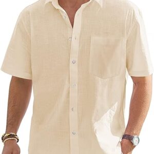 J.VER Men's Cotton Linen Short Sleeve Shirts Casual Lightweight Button Down Shirts Vacation Beach Summer Tops with Pocket