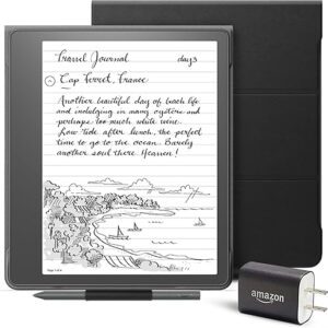 Kindle Scribe Essentials Bundle including Kindle Scribe (16 GB), Basic Pen, Leather Folio Cover with Magnetic Attach - Black, and Power Adapter