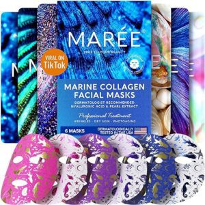 MAREE Facial Masks with Marine Collagen & Hyaluronic Acid - Sheet Moisturizing Masks for Face with Green & Red Algae Extract for All Skin Types - Hydrating Skin Care Mask with...