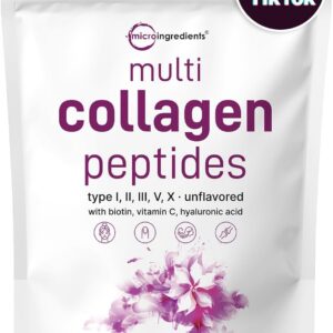 Micro Ingredients Multi Collagen Protein Powder, 2 Pounds – Type I,II,III,V,X with Biotin, Hyaluronic Acid, Vitamin C – Unflavored Collagen Peptides – Keto & Paleo Friendly,...