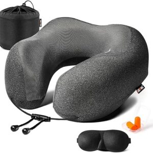 MLVOC Travel Pillow 100% Pure Memory Foam Neck Pillow, Comfortable & Breathable Cover, Machine Washable, Airplane Travel Kit with 3D Contoured Eye Masks, Earplugs, and Luxury...