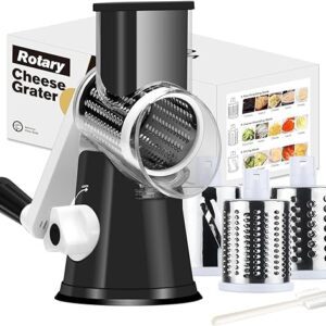 Rotary Cheese Grater Cheese Shredder - Cambom Kitchen Manual Cheese Grater with Handle Vegetable Slicer Nuts Grinder 3 Replaceable Drum Blades and Strong Suction Base Free...