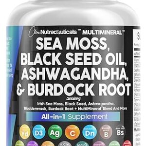 Sea Moss 3000mg Black Seed Oil 2000mg Ashwagandha 1000mg Turmeric 1000mg Bladderwrack 1000mg Burdock 1000mg & Vitamin C & D3 with Elderberry Manuka Dandelion Yellow Dock Iodine...