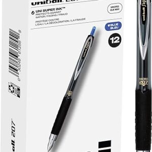 Uni-Ball® 207™ Retractable Fraud Prevention Gel Pens, Micro Point, 0.5 mm, Black Barrels, Blue Ink, Pack Of 12