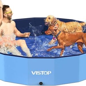 VISTOP Jumbo Foldable Dog Pool, Hard Plastic Shell Portable Swimming Pool for Dogs Cats and Kids Pet Puppy Bathing Tub Collapsible Kiddie Pool (77inch.D x 15.7inch.H, Blue)