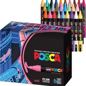 29 5M Medium Posca Markers with Reversible Tips, Set of Acrylic Paint Pens for Art Supplies, Fabric Paint, Fabric/Art Markers