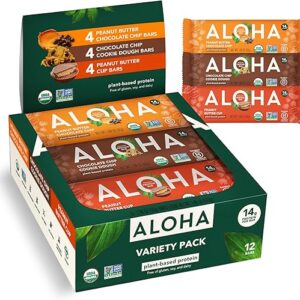 ALOHA Organic Plant Based Protein Bars - 3 Flavor Variety Pack - 12 Count, 1.9oz Bars - Vegan Snacks, Low Sugar, Gluten-Free, Low Carb, Paleo, Non-GMO, Stevia-Free, No Sugar...