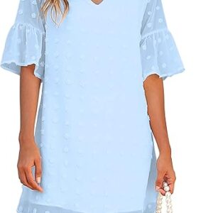 Blooming Jelly Womens White Dresses Short Sleeve V Neck Ruffle Cute Sun Dress Chiffon Flowy Shift Mini Dress