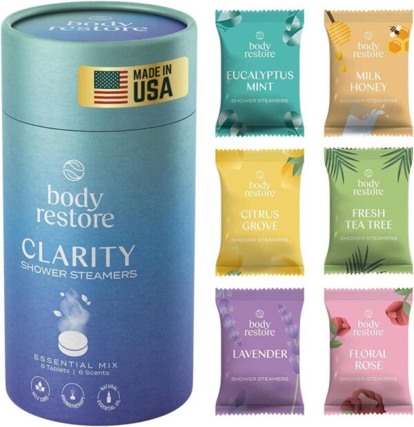 Body Restore Shower Steamers Aromatherapy 6 Pack, Relaxation Birthday Gifts for Women and Men, Travel Essentials, Stress Relief and Self Care - Variety