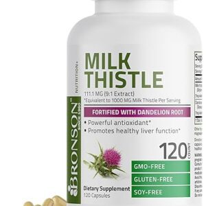 Bronson Milk Thistle Silymarin Marianum & Dandelion Root Liver Health Support, Antioxidant Support, Detox, 120 Capsules