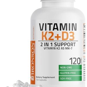 Bronson Vitamin K2 (MK7) with D3 Supplement Non-GMO Formula 5000 IU Vitamin D3 & 90 mcg Vitamin K2 MK-7 Easy to Swallow Vitamin D & K Complex, 120 Capsules.