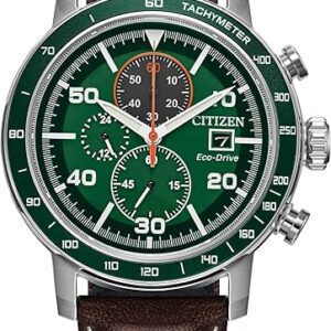 Citizen Men's Eco-Drive Weekender Brycen Chronograph Watch in Stainless Steel, Brown Preforated Leather Strap, Green Bezel, Time/Date, 3 Hand, Green Dial (Model:CA0851-05X)