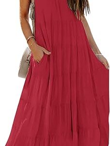 HAEOF Womens 2024 Summer Sleeveless Halter Maxi Dress Pleated Tiered Swing Beach Long Dresses Sundress