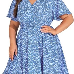 Hanna Nikole Women's Plus Size Summer Casual Floral Short Sleeve Wrap V Neck A-Line Mini Sundress with Pockets