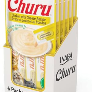 INABA Churu Cat Treats, Grain-Free, Lickable, Squeezable Creamy Purée Cat Treat/Topper with Vitamin E & Taurine, 0.5 Ounces Each Tube, 24 Tubes (4 per Pack), Chicken with Cheese...