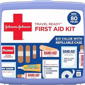 Johnson & Johnson Travel Ready Portable Emergency First Aid Kit for Minor Wound Care with Assorted Adhesive Bandages, Gauze Pads & More, Ideal for Travel, Car & On-The-Go, 80 pc