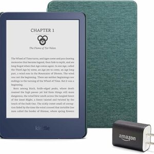 Kindle Essentials Bundle including Kindle (2022 release) - Denim, Fabric Cover - Dark Emerald, and Power Adapter