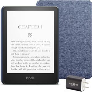 Kindle Paperwhite Essentials Bundle including Kindle Paperwhite (16 GB) - Agave Green - Agave Green - Without Lockscreen Ads, Fabric Cover - Denim, and Power Adapter