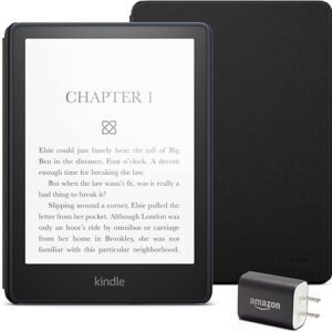 Kindle Paperwhite Essentials Bundle including Kindle Paperwhite (16 GB) - Denim - Without Lockscreen Ads, Leather Cover - Black, and Power Adapter