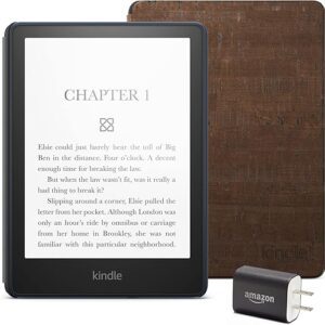 Kindle Paperwhite Essentials Bundle including Kindle Paperwhite (16 GB) - Denim, Cork Cover - Dark, and Power Adapter