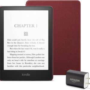 Kindle Paperwhite Essentials Bundle including Kindle Paperwhite (16 GB), Leather Cover - Merlot, and Power Adapter