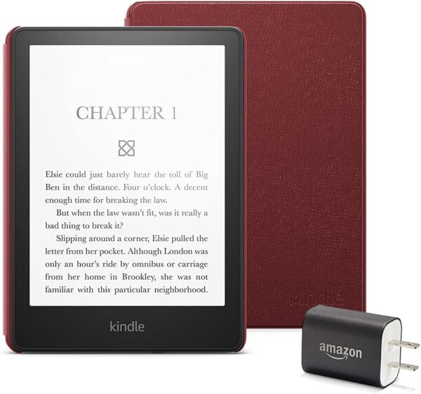 Kindle Paperwhite Essentials Bundle including Kindle Paperwhite (16 GB), Leather Cover - Merlot, and Power Adapter