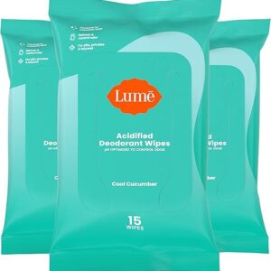 Lume Acidified Deodorant Wipes - 24 Hour Odor Control - Aluminum Free, Baking Soda Free, Skin Loving - Flushable - 15 Count (Pack of 3) (Cool Cucumber)