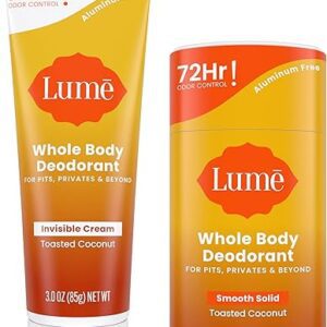 Lume Whole Body Deodorant - Invisible Cream Tube and Solid Stick - 72 Hour Odor Control - Aluminum Free, Baking Soda Free, Skin Safe - 3.0 Ounce 2.6 Ounce Bundle (Toasted Coconut)