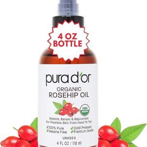 PURA D'OR 4 Oz ORGANIC Rosehip Seed Oil Hair Relaxer 100% Pure Cold Pressed USDA Certified All Natural For Anti-Aging, Acne Scar Treatment, Gua Sha Massage, Face, Hair & Skin -...