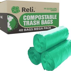 Reli. Compostable 33 Gallon Trash Bags | 40 Count | ASTM D6400 | Green | Eco-Friendly | For Compost