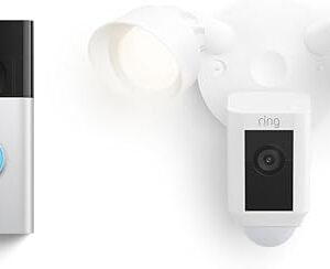 Ring Floodlight Cam Wired Plus, White with Ring Video Doorbell, Satin Nickel